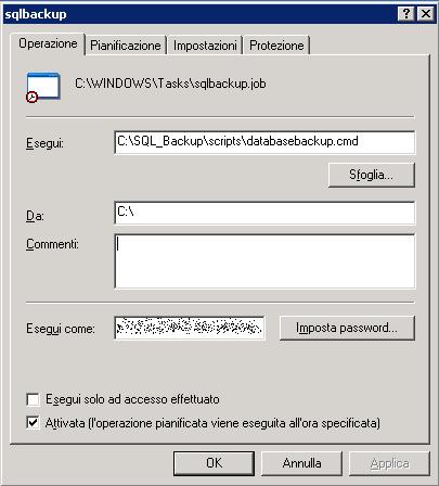 Scheduled Task configuration in Windows, with the path to databasebackup.cmd set as the action to run (original Italian-language screenshot from 2012)