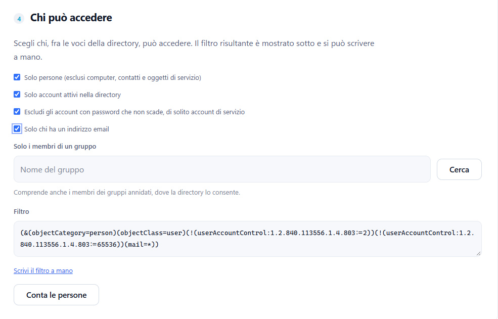 The DocSteer-EE LDAP filter builder: checkboxes for people only, active accounts only, excluding accounts whose password never expires and only people with an email address, a group search, and the resulting filter written below, with the Count the people button (Italian interface)
