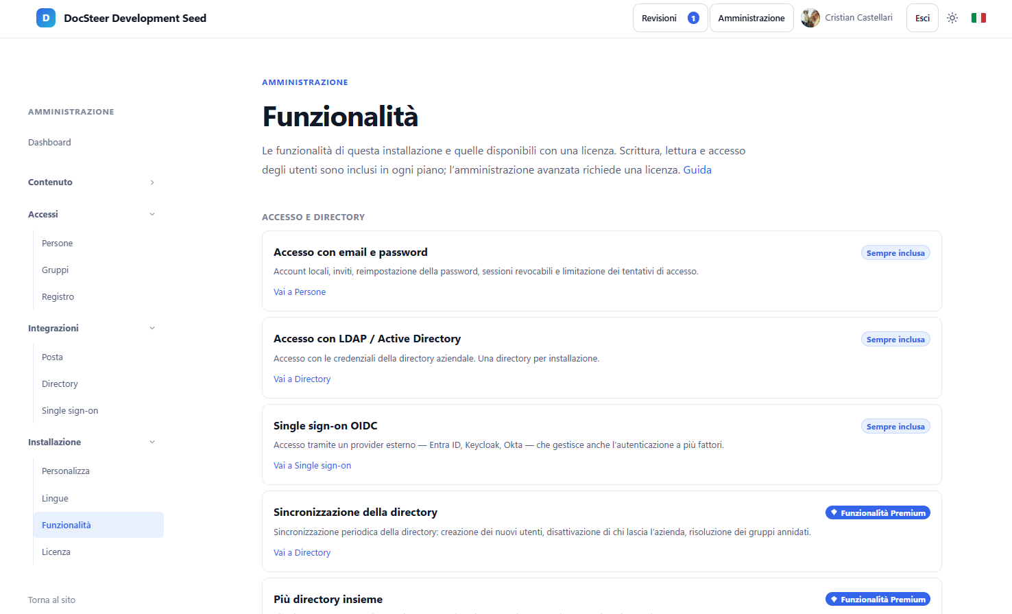 The Features page of the DocSteer-EE admin panel: email and password sign-in, LDAP / Active Directory and OIDC single sign-on marked as always included; directory sync and multiple directories marked as premium features