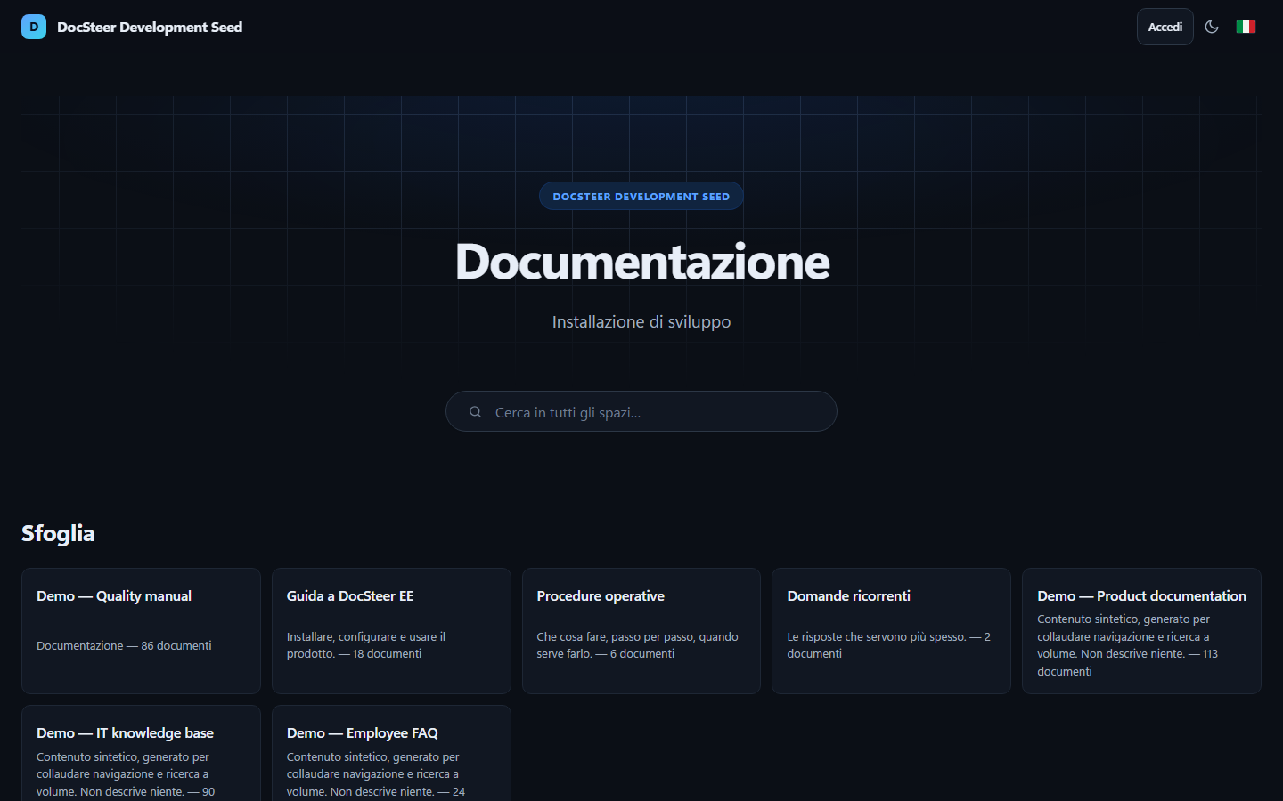 The DocSteer-EE home page: title, search across all spaces and the cards of the documentation, knowledge base and FAQ spaces