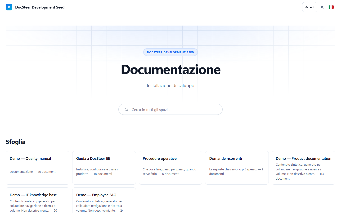 The DocSteer-EE home page: title, search across all spaces and the cards of the documentation, knowledge base and FAQ spaces