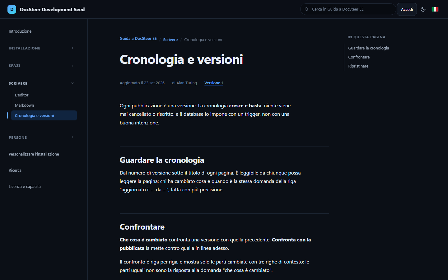 A page from the DocSteer-EE guide about version history: sidebar, breadcrumb, author and version number under the title, page contents on the right