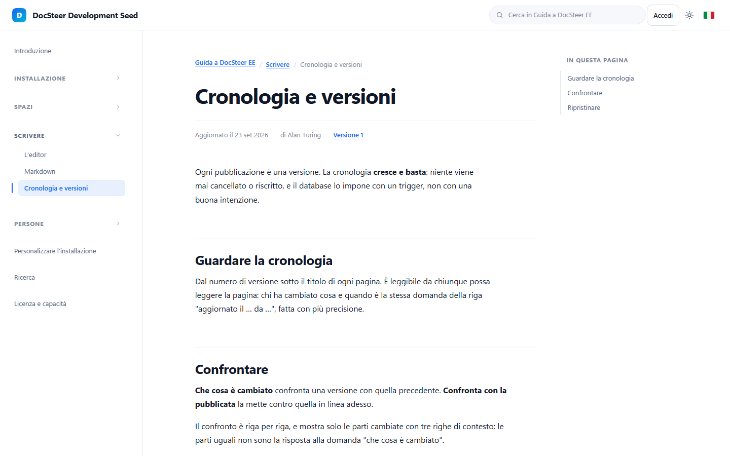A page from the DocSteer-EE guide about version history: sidebar, breadcrumb, author and version number under the title, page contents on the right
