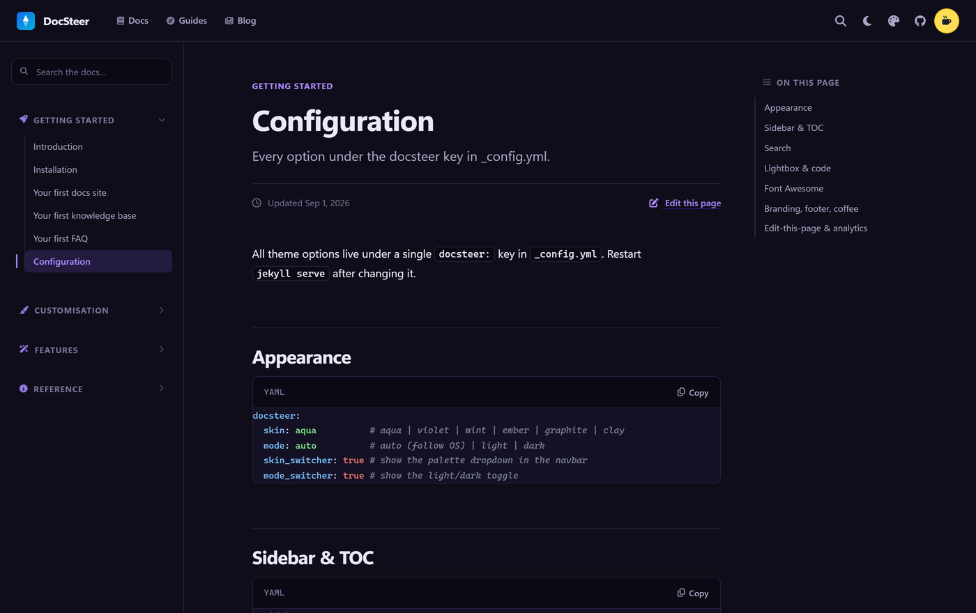 The same documentation page with the Violet skin: purple accents on the sidebar, table of contents and links