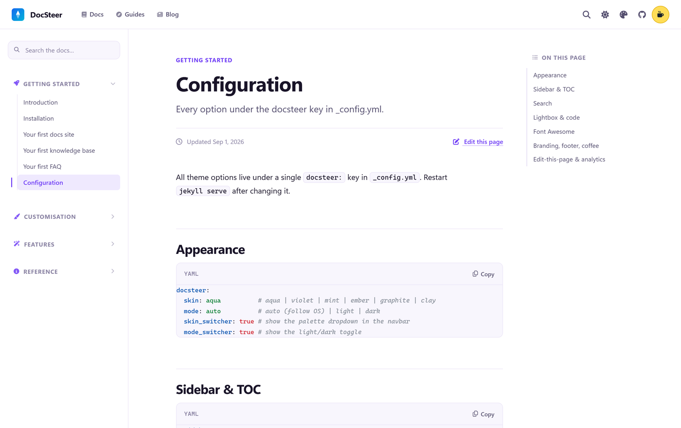 The same documentation page with the Violet skin: purple accents on the sidebar, table of contents and links