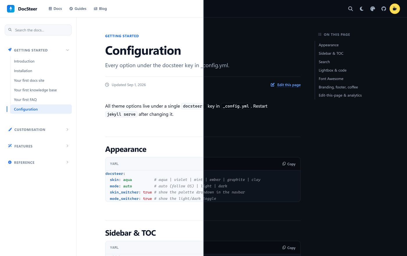 The same DocSteer documentation page split down the middle: light theme on the left, dark theme on the right