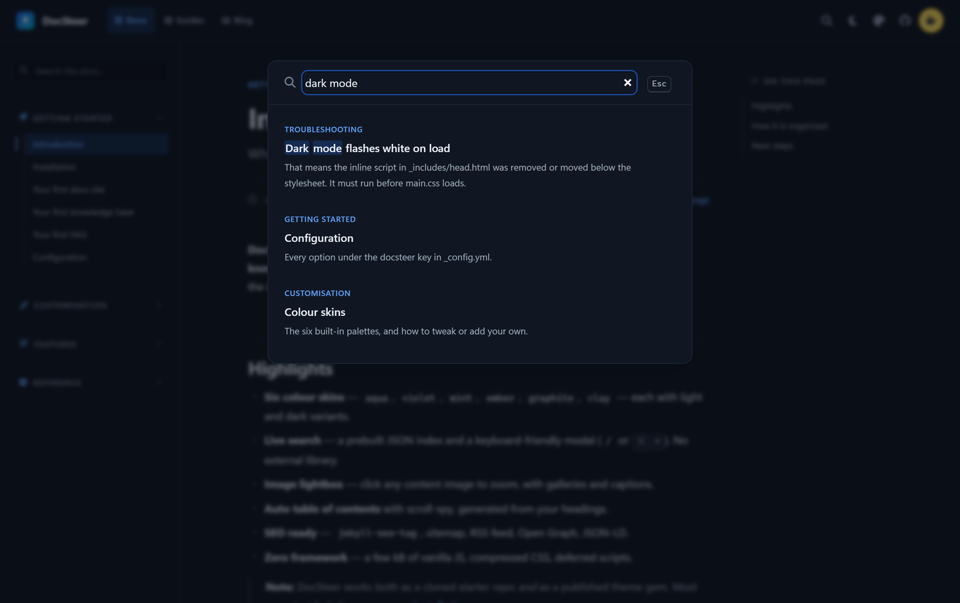 DocSteer live search: results grouped by section, with the searched terms highlighted