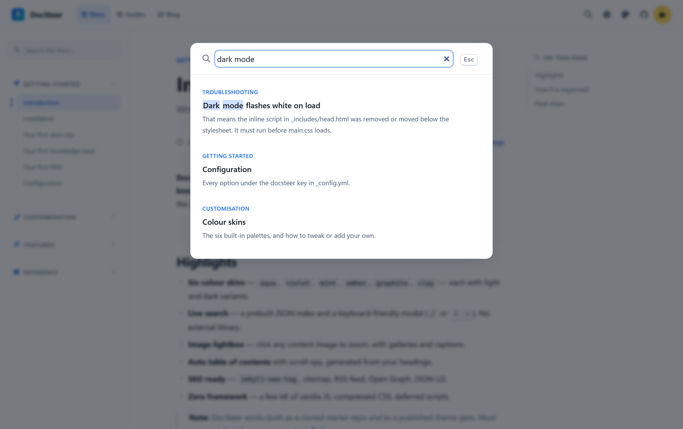 DocSteer live search: results grouped by section, with the searched terms highlighted