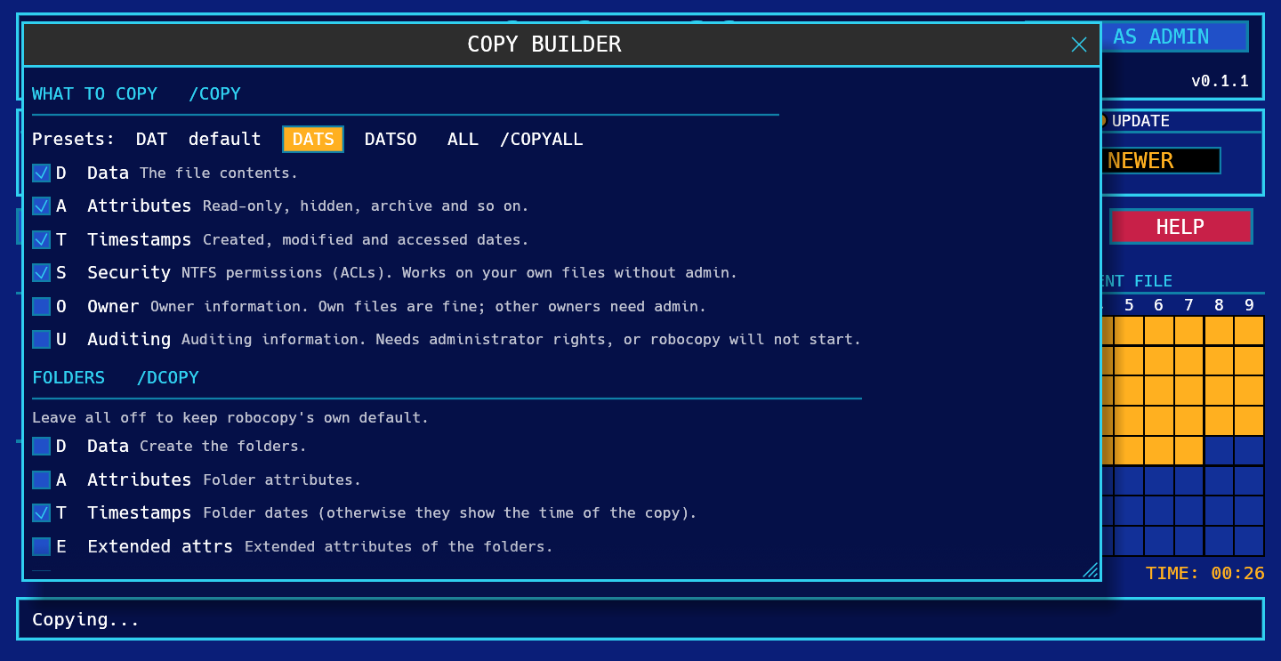 The Robo-XCopy COPY BUILDER: every flag with its description